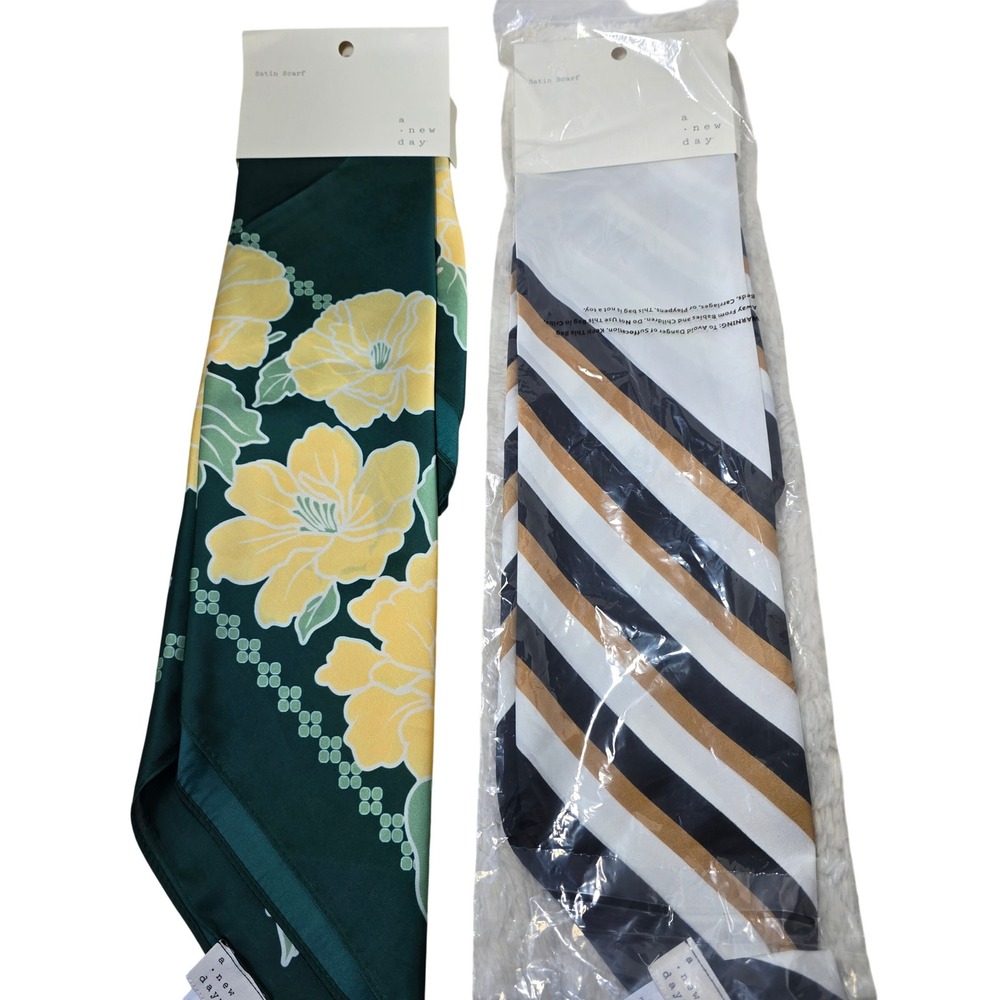 A New Day Satin Scarf Set of 2 Women OS Green Yellow Floral Navy Stripe New